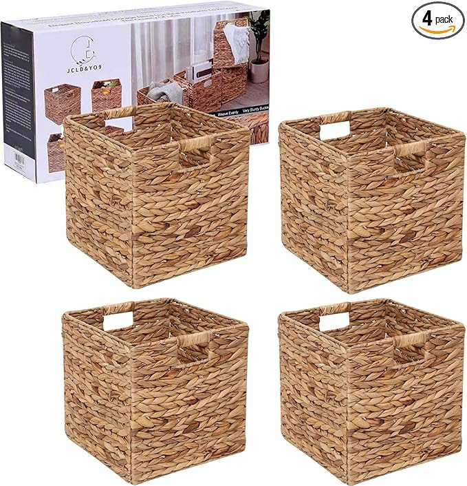12x12in Storage Baskets Set of 4 Water Hyacinth Baskets,Foldable Handwoven Storage Cubes,Wicker C... | Amazon (US)