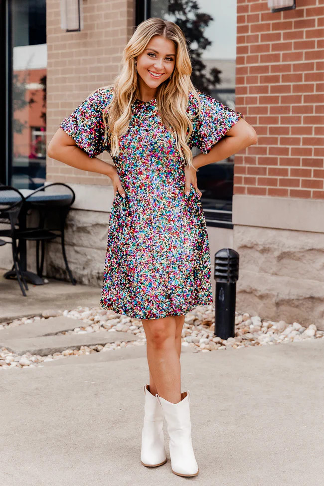 Just Be Honest Multi Color Sequin T-Shirt Dress | Pink Lily