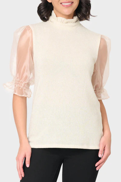 Feminine Ruffle Top with Organza Puff Elbow Sleeve | Gibson