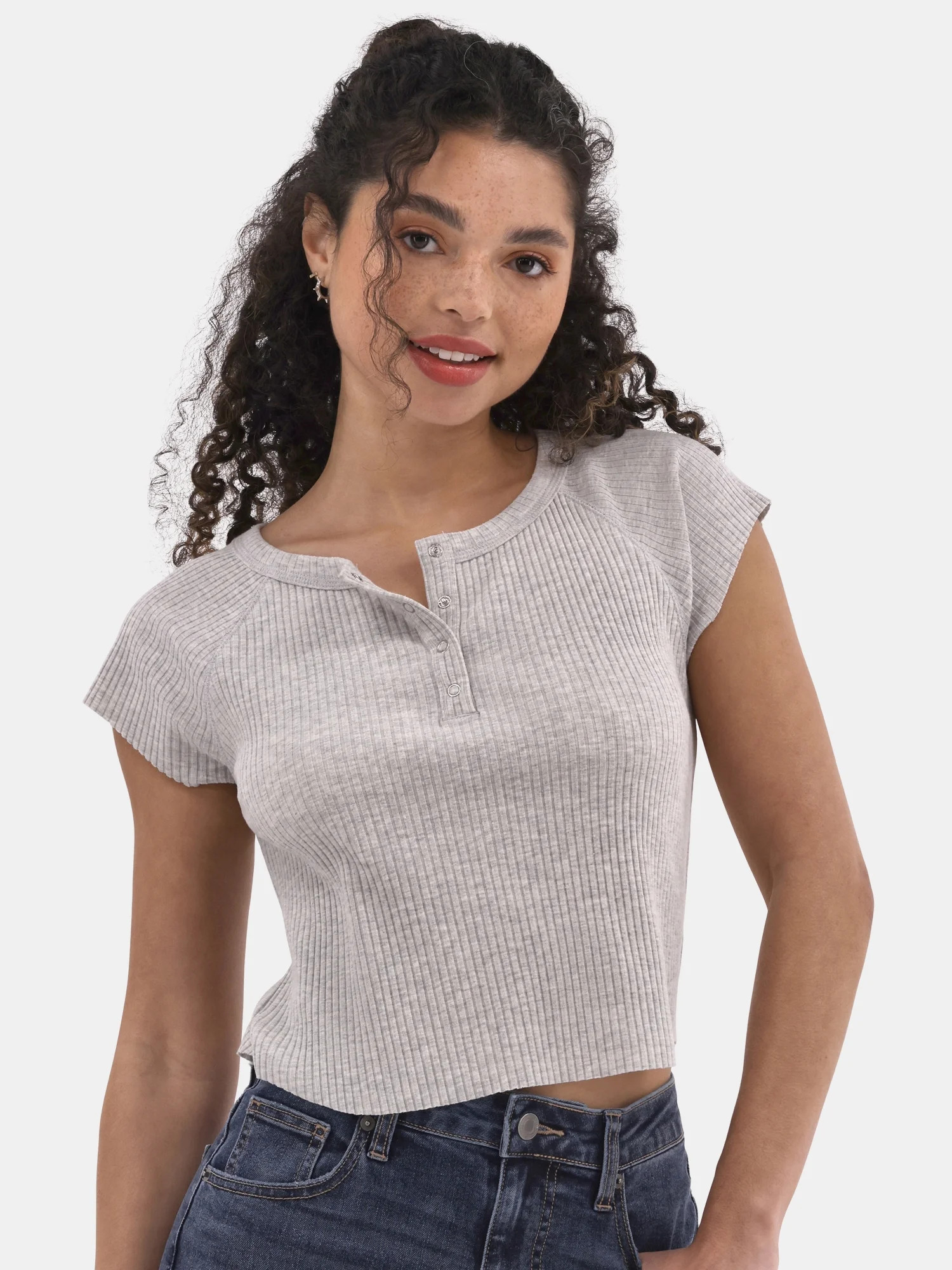 No Boundaries Snap Henley Tee with Short Sleeves, Women's | Walmart (US)