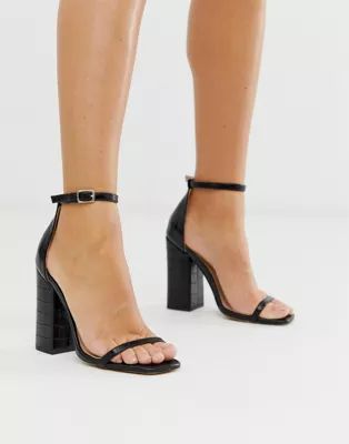 Simmi London Joice heeled sandals with square toe in black croc | ASOS (Global)
