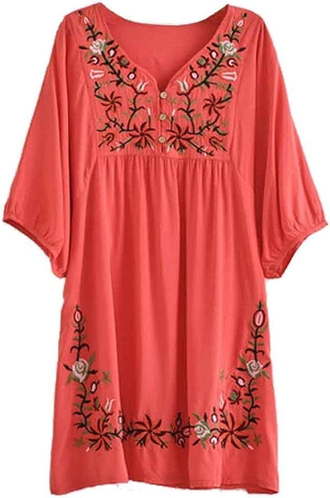 Summer Dress V Neck Mexican Embroidered Peasant Women's Dressy Tops Blouses | Amazon (US)