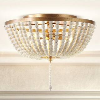 JONATHAN Y Allison 15 in. Wood Beaded/Metal LED Flush Mount, Antique Gold / Cream JYL9019A | The Home Depot