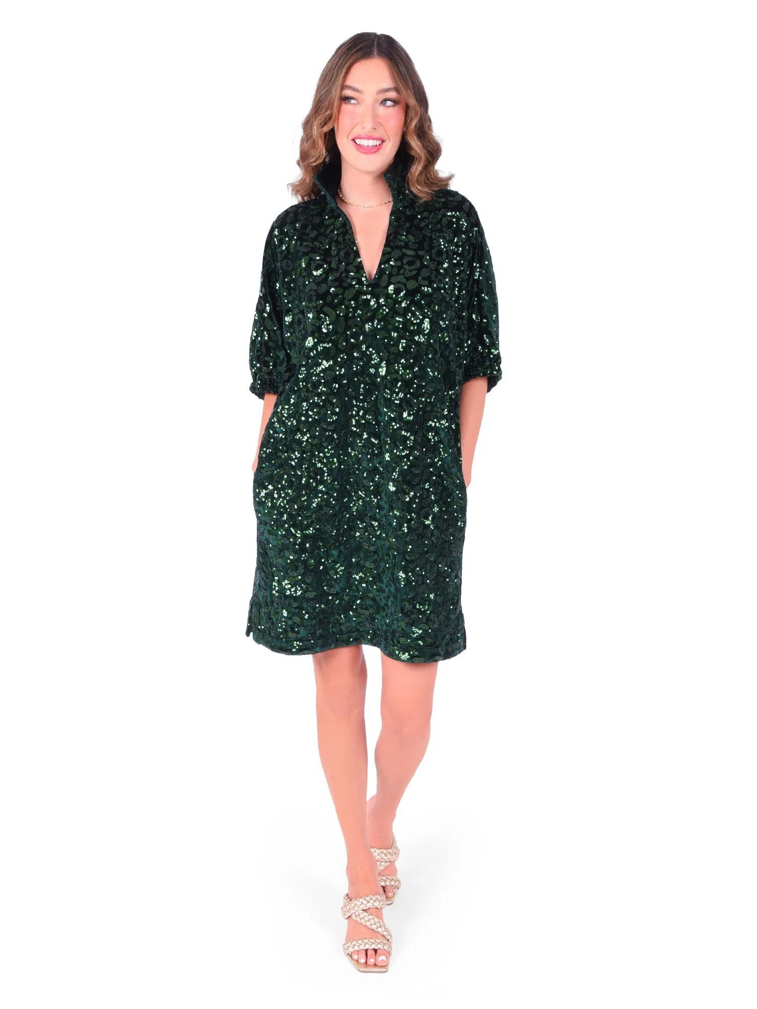Poppy Dress - Green Sequin Cheetah | Emily McCarthy