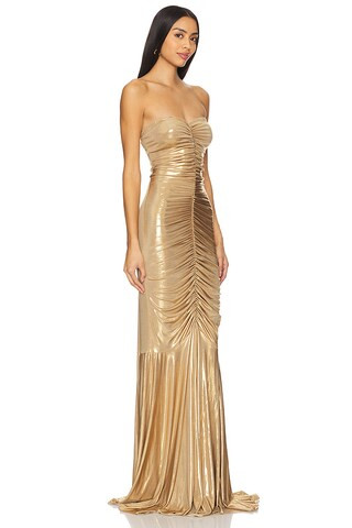 Strapless Shirred Front Fishtail Gown in Gold Lame | Revolve Clothing (Global)