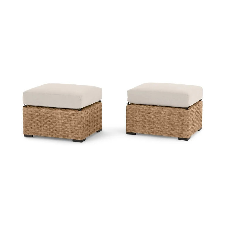 Better Homes & Gardens River Oaks All-Weather Wicker Outdoor Ottomans – 2 Pack, Natural | Walmart (US)