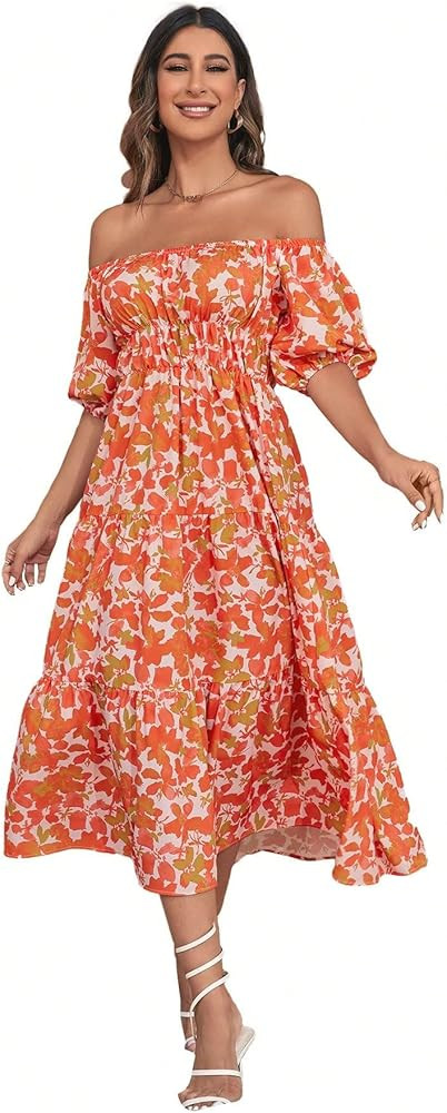 WDIRARA Women's Floral Print Off Shoulder Short Puff Sleeve A Line Flowy Boho Midi Dress | Amazon (US)