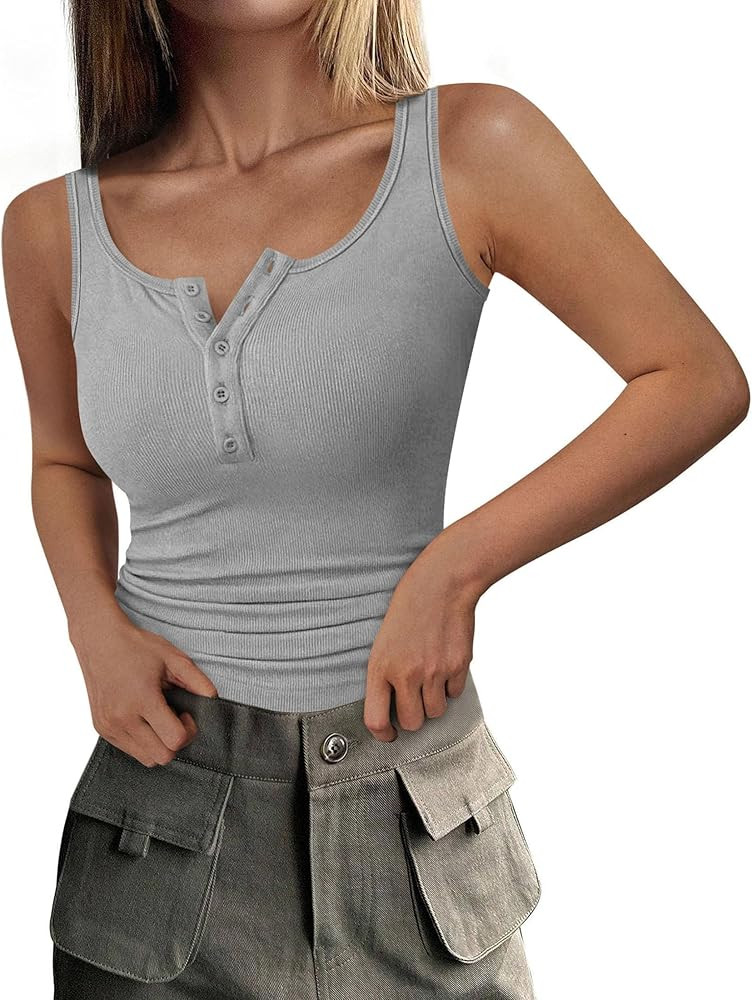 PRETTYGARDEN Womens 2025 Summer Tank Tops Ribbed Knit Slim Fit Sleeveless Henley Shirts Casual Ba... | Amazon (US)