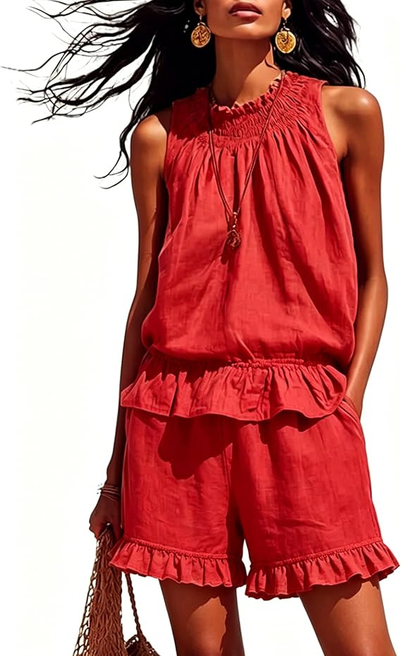 Bankeng Womens 2 Piece Sets Outfits Summer Beach Sleeveless Ruffle Soild Tank Tops and Shorts Paj... | Amazon (US)