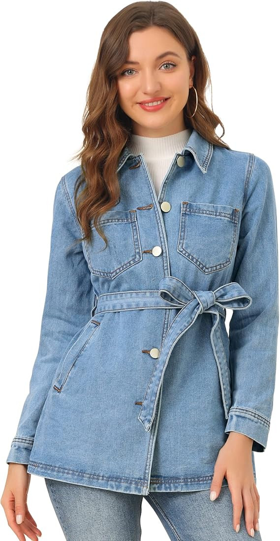 Allegra K Woman's Jean Button Up Long Sleeves Washed Casual Denim Jacket | Amazon (US)