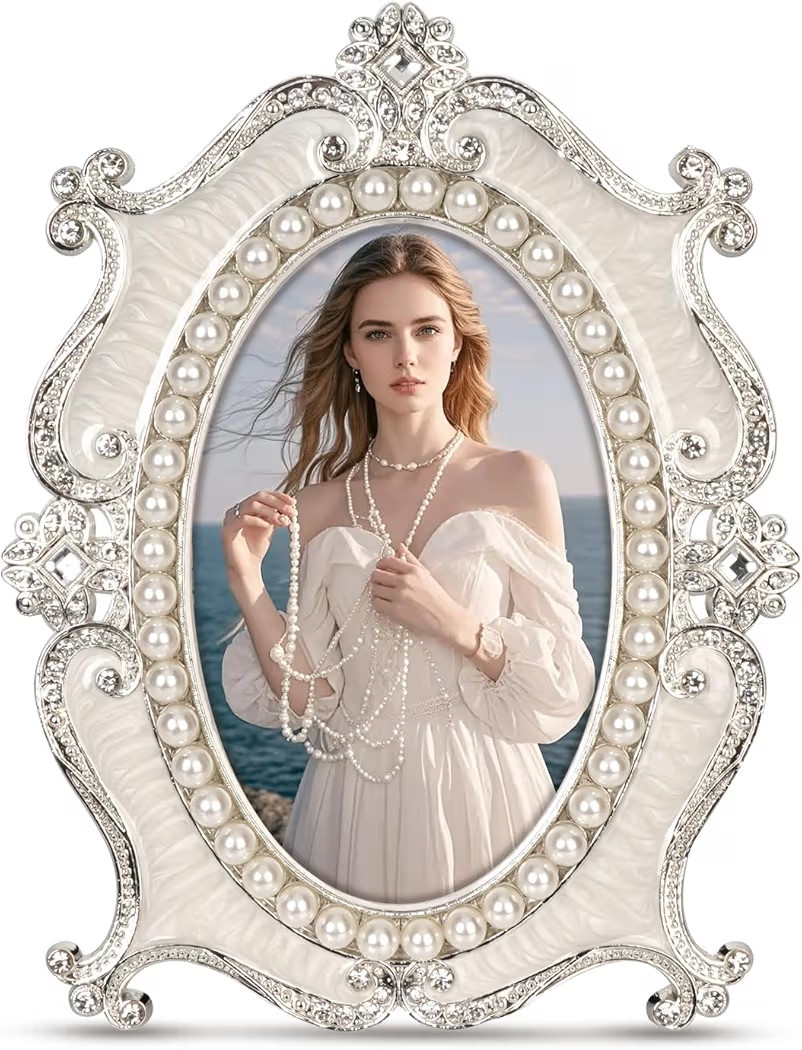 Vintage Picture Frames 4x6,Metal Vintage Photo Frame,Oval Photo Frame with Crystal and Pearl Deco... | Amazon (US)
