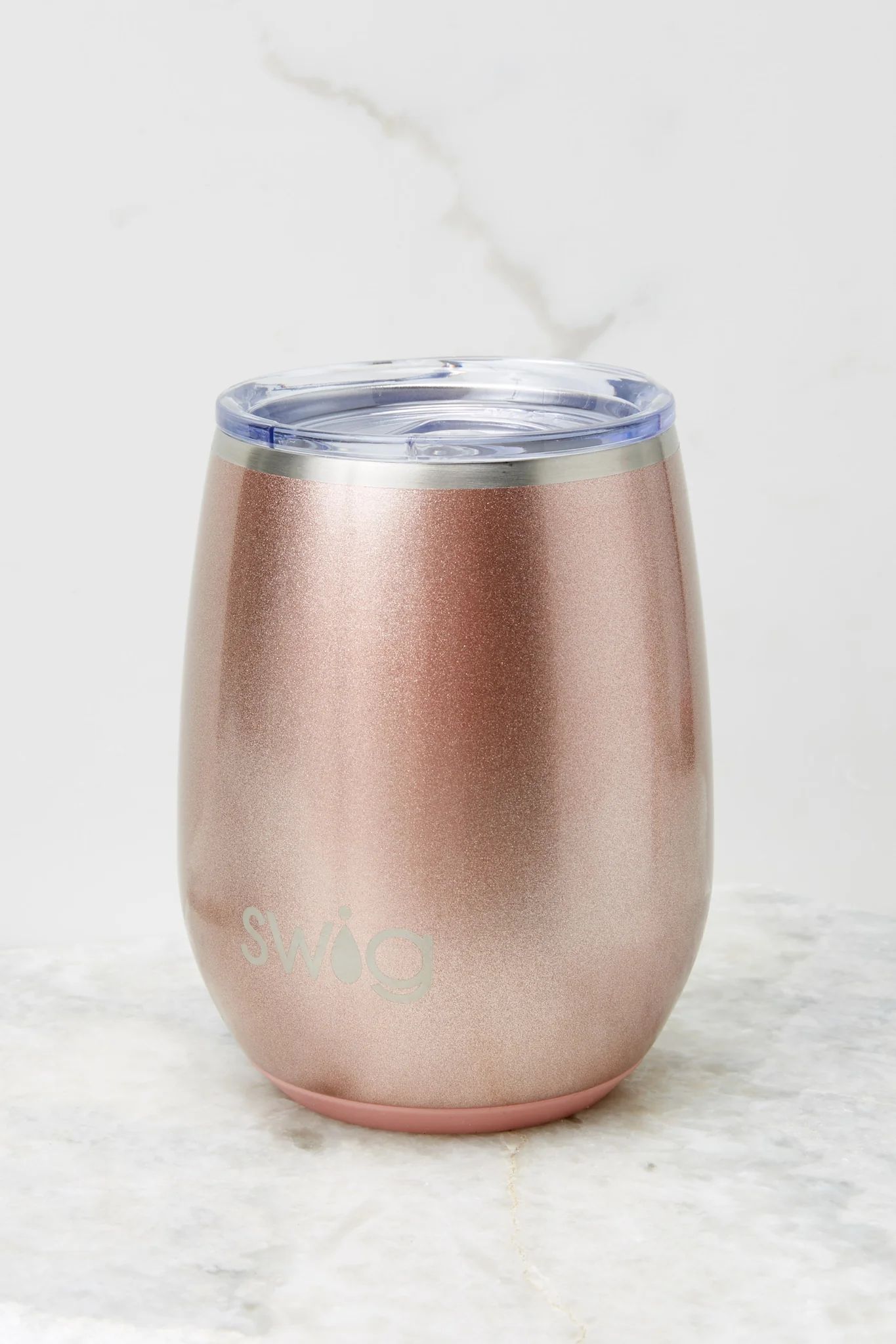 Shimmer Rose Gold Stemless Wine Cup | Red Dress 