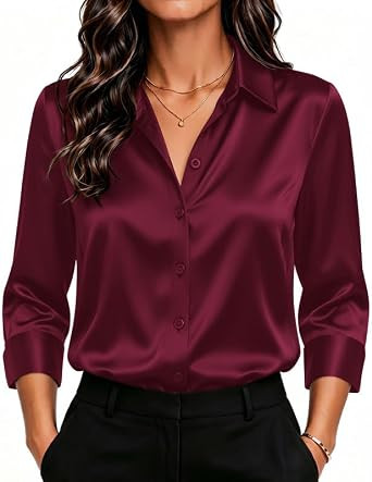 HOTOUCH Womens Satin Blouse Silk Button Down Shirts 3/4 Sleeve Casual Tops | Amazon (US)