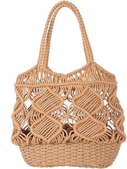 Women's Beach Straw Handbag Woven Tote Fishing Net Beach Bag Large Capacity Mesh Rope Combination... | Amazon (US)