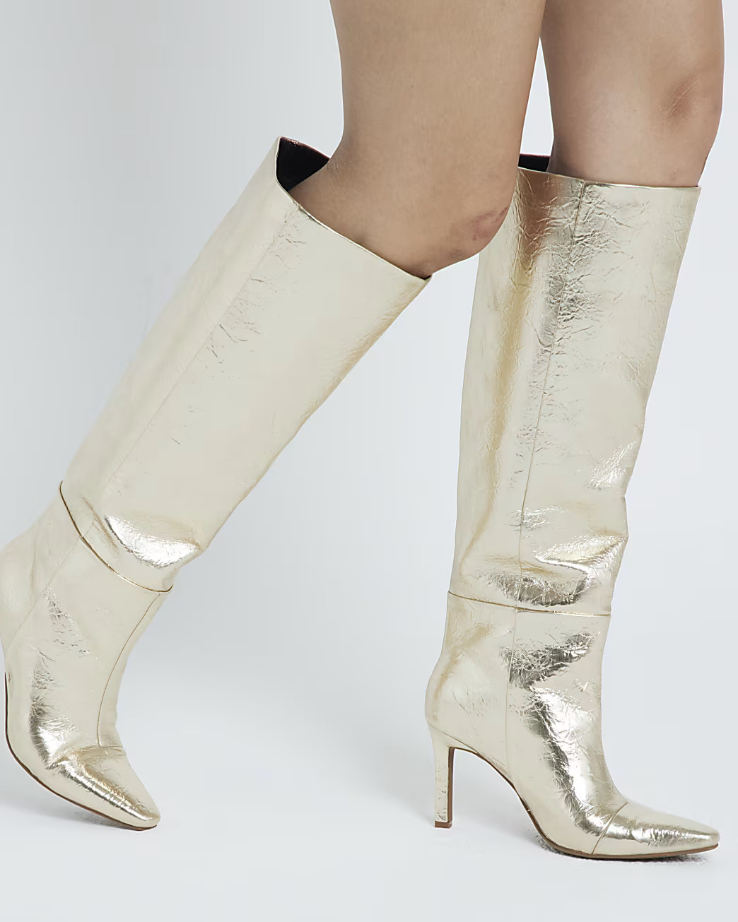 Gold heeled high leg boots | River Island UK & IE