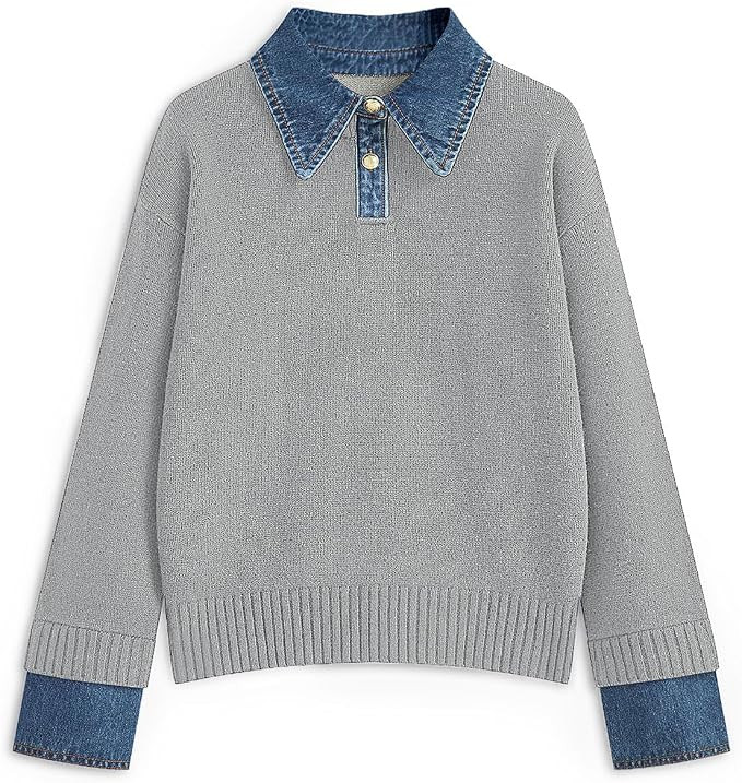 Womens Oversized Sweater Cozy Fall Denim Lapel Polo Knit Collared Sweaters | Amazon (US)
