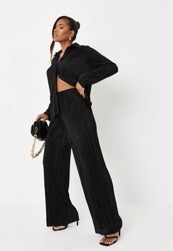 Missguided - Black Co Ord Plisse Wide Leg Trousers | Missguided (UK & IE)