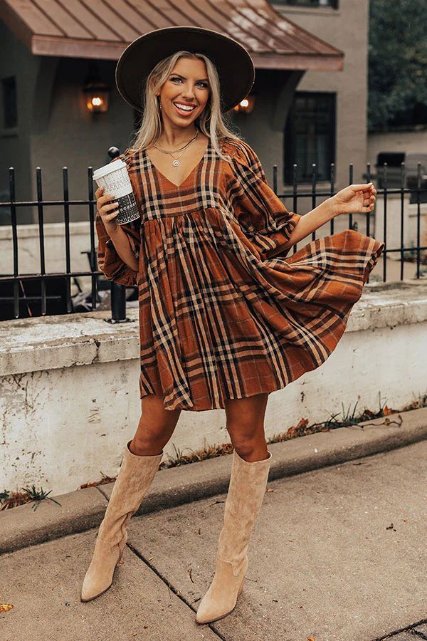 Yearn For More Plaid Babydoll Dress in Camel • Impressions Online Boutique | Impressions Online Boutique