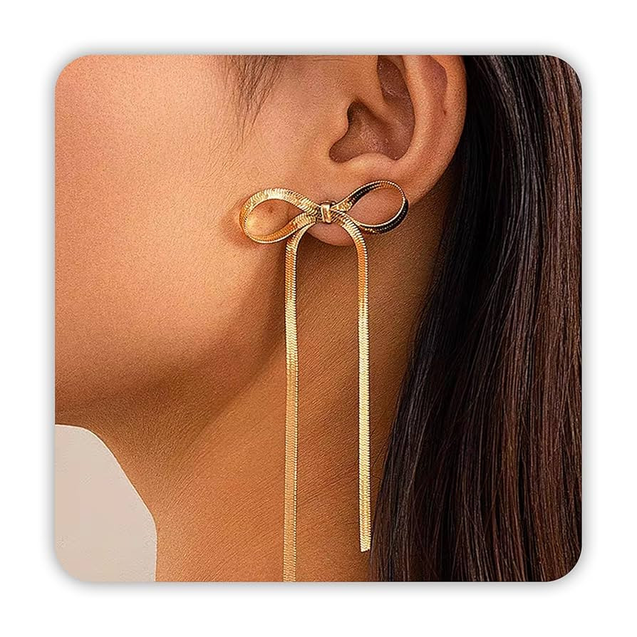 Bow Earrings Gold Dangle Earrings for Women, Ribbon Earrings Bow Jewelry as Gold Statement Earrin... | Amazon (US)