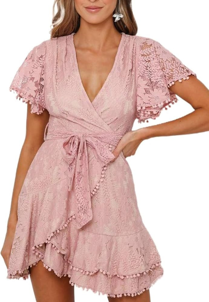 Dokotoo Women's Casual V Neck Short Sleeve Floral Print Mini Dress with Belt | Amazon (US)