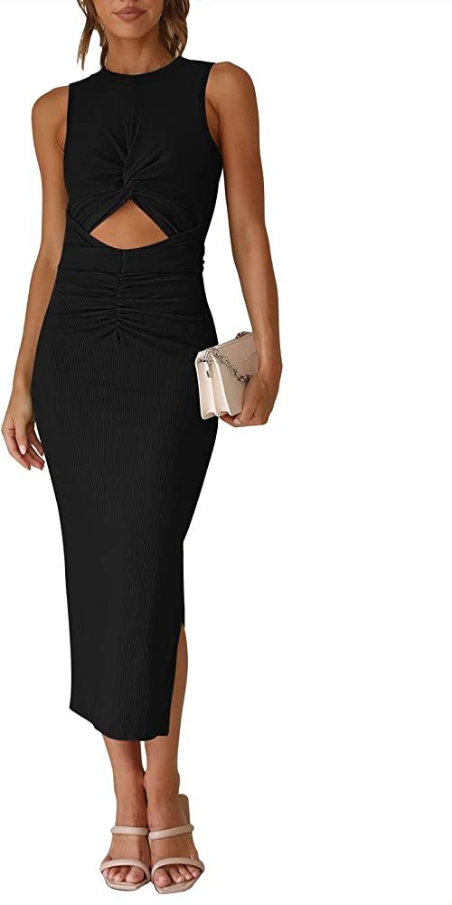 Pink Queen Women's Crew Neck Sleeveless Cutout Twist Ruched Slit Tie Back Ribbed Bodycon Midi Dre... | Amazon (US)