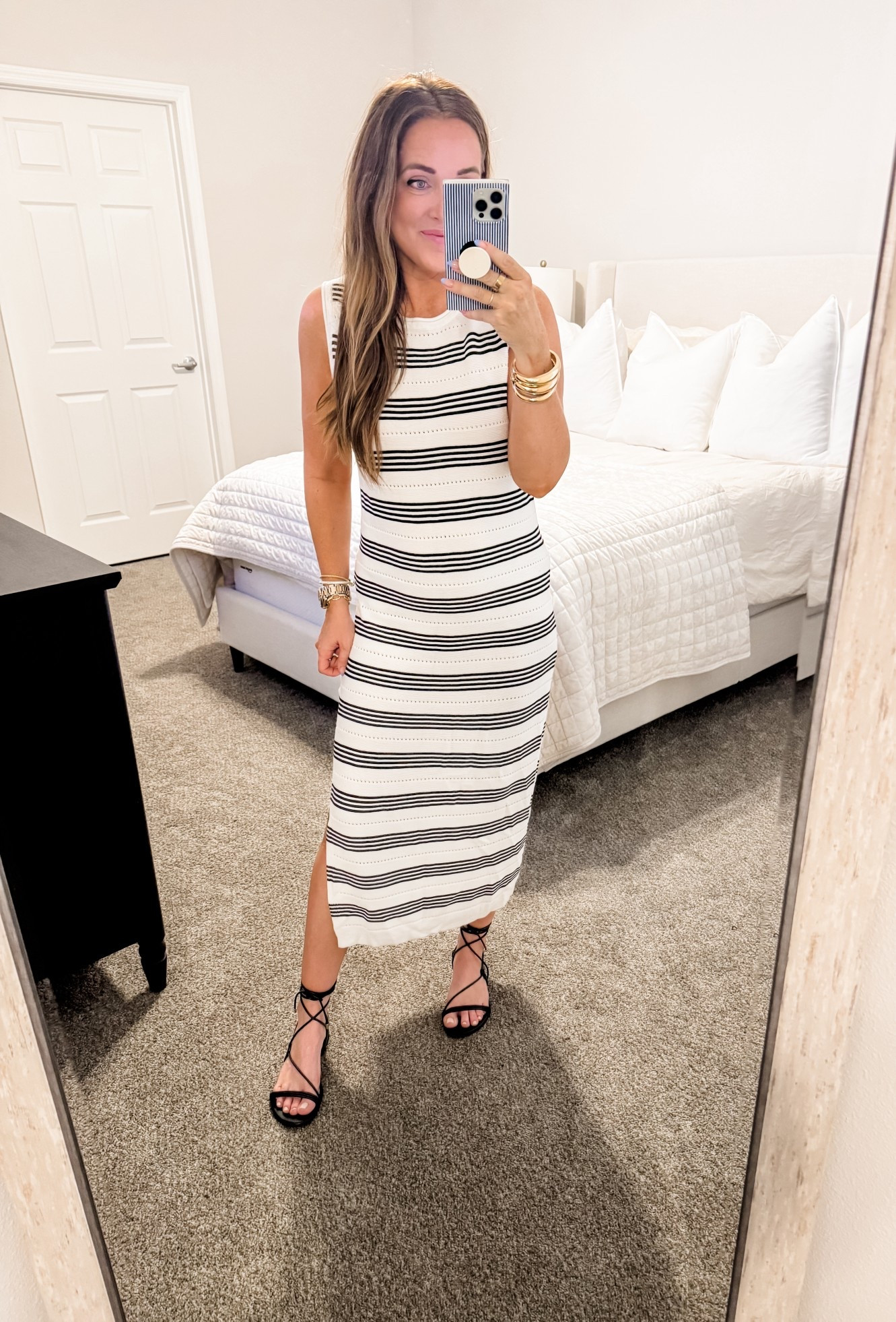 Dress - M (tts) 
5’2” 140 lbs 
—
Amazon dress | Striped dress | Black and white stripes | Summer dress | Vacation look | Midi dress | Bump friendly 

#LTKgrwm #LTKWorkwear #LTKBump