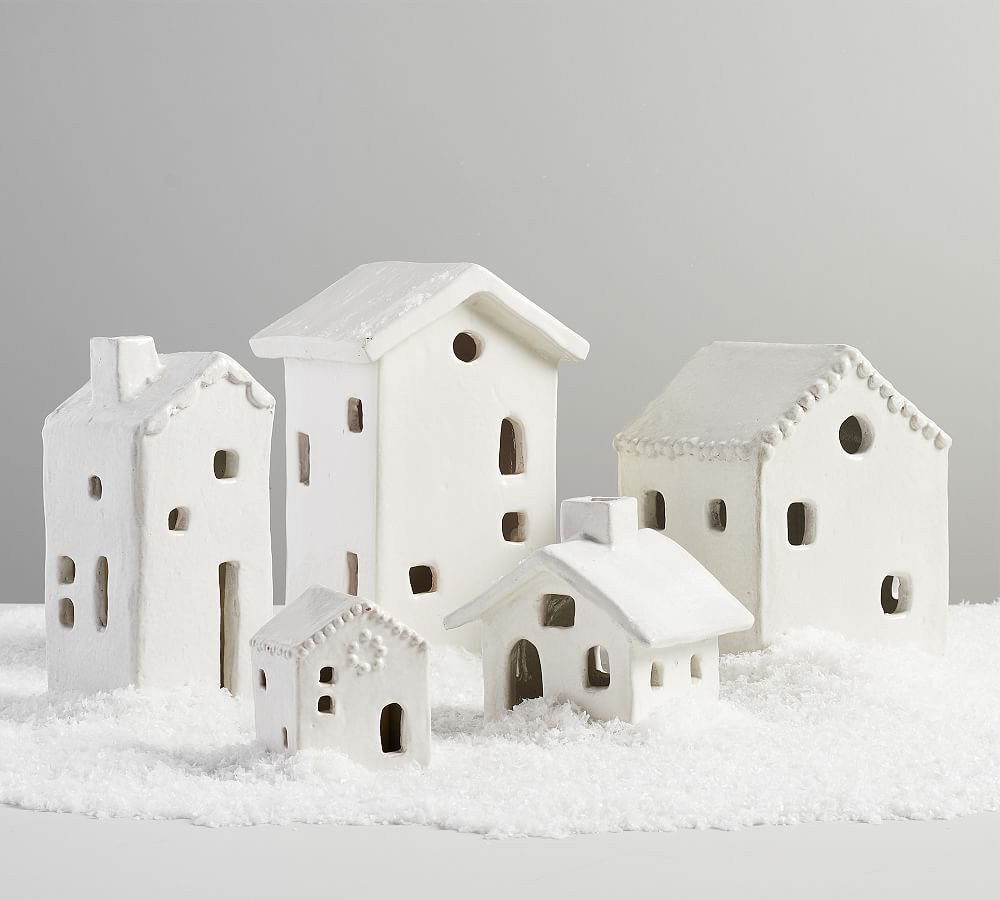 Handcrafted Ceramic Christmas Village Houses, Set of 5, Ivory | Pottery Barn (US)