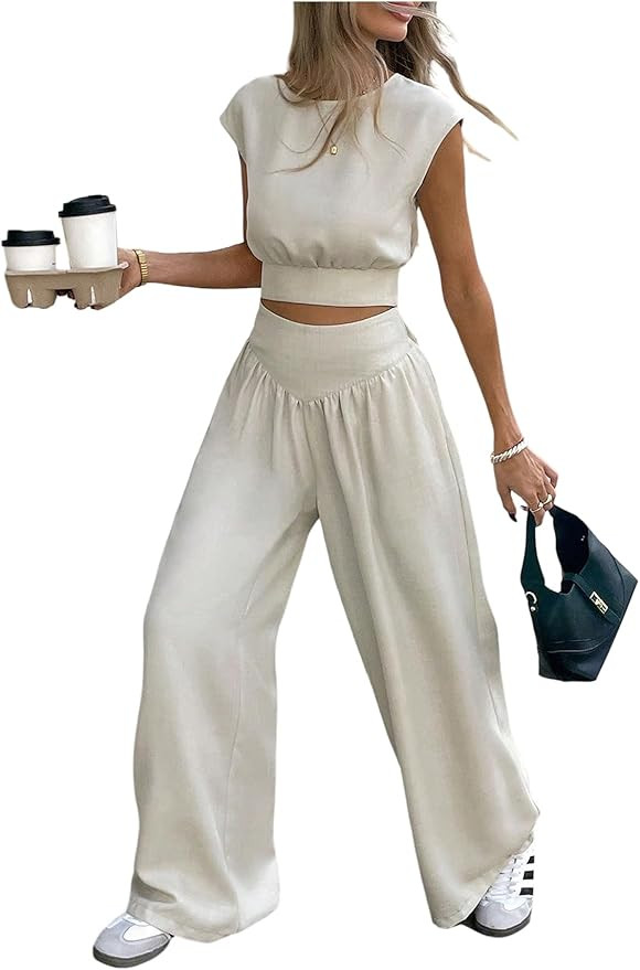 Verdusa Women's 2 Piece Business Casual Outfits Tie Back Summer Tops and Wide Leg Pants with Pock... | Amazon (US)