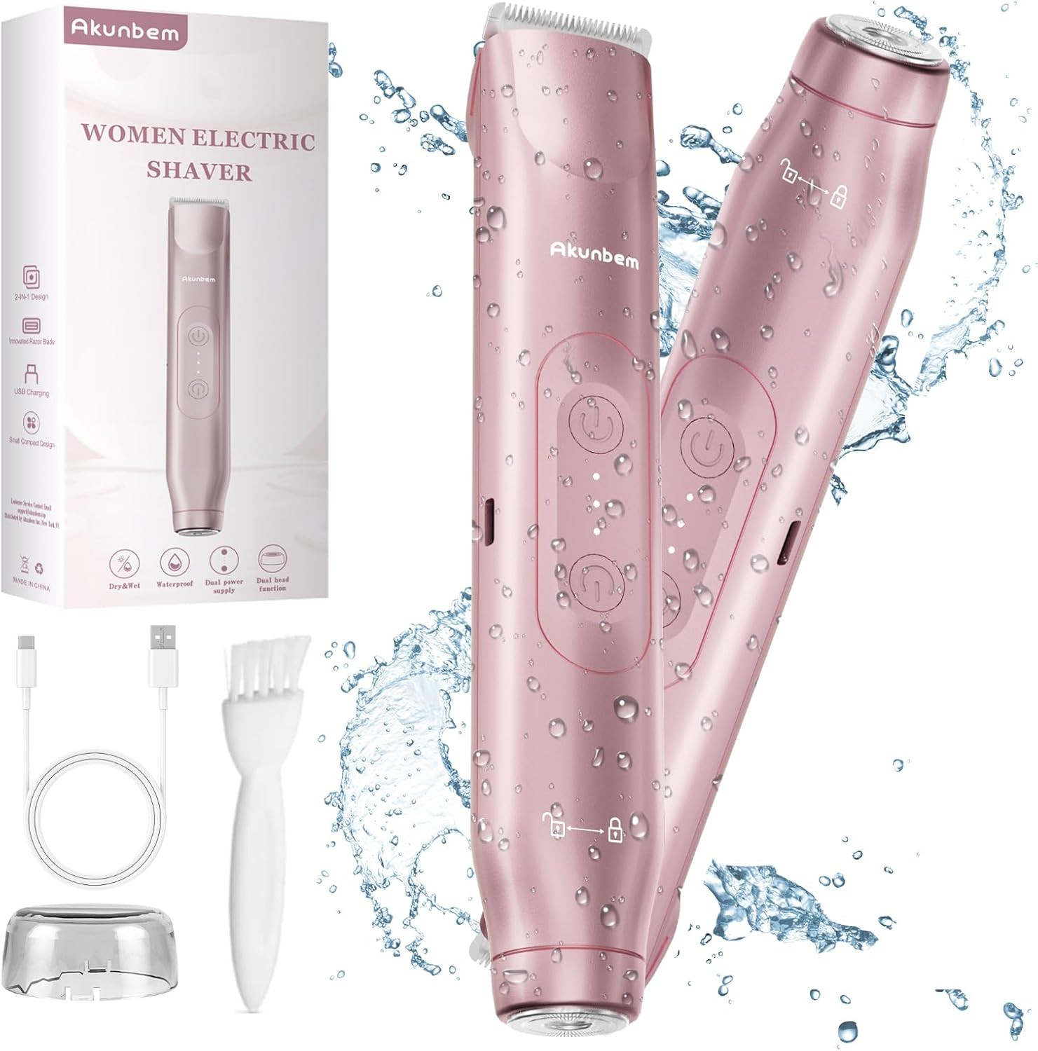 Akunbem 2 in 1 Women Electric Shaver Dual Head Bikini Trimmer for Women IPX7 Waterproof Wet & Dry Use Body Hair Trimmer and Facial Hair Remover for Bikini Underarm Leg Arm Body Face, Pink | Amazon (US)