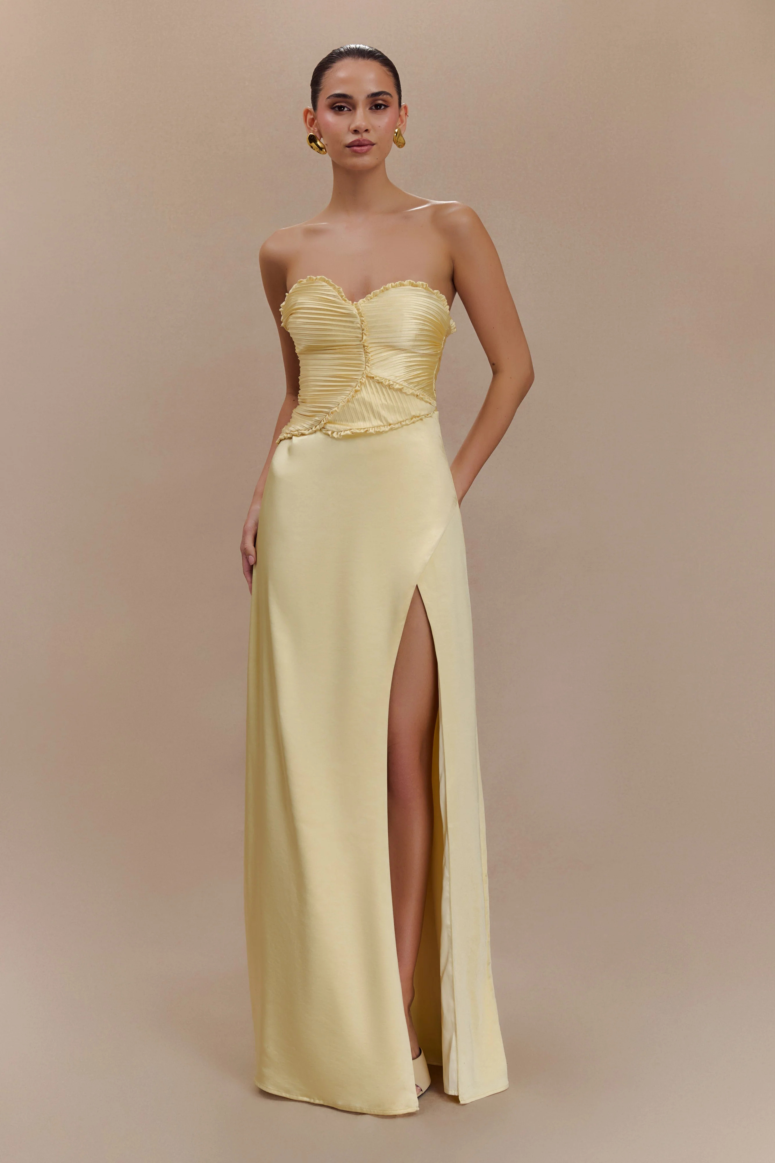 Satin Maxi Dress With Ruched Petals - Lemon | MESHKI US
