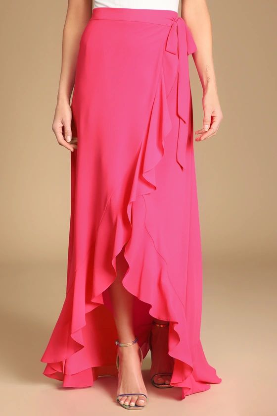 Genuine Happiness Hot Pink Ruffled High-Low Wrap Maxi Skirt | Lulus (US)