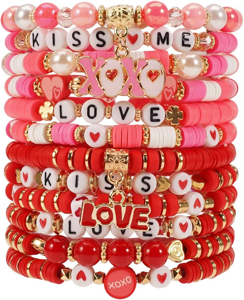 Twinfree Valentine's Day Bracelets Heishi Stackable Beaded XOXO Love Heart Kiss Charm Stretch Bra... | Amazon (US)