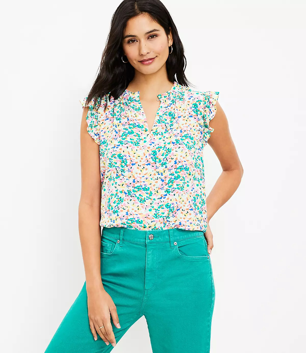 Floral Ruffle Split Neck Shell | LOFT