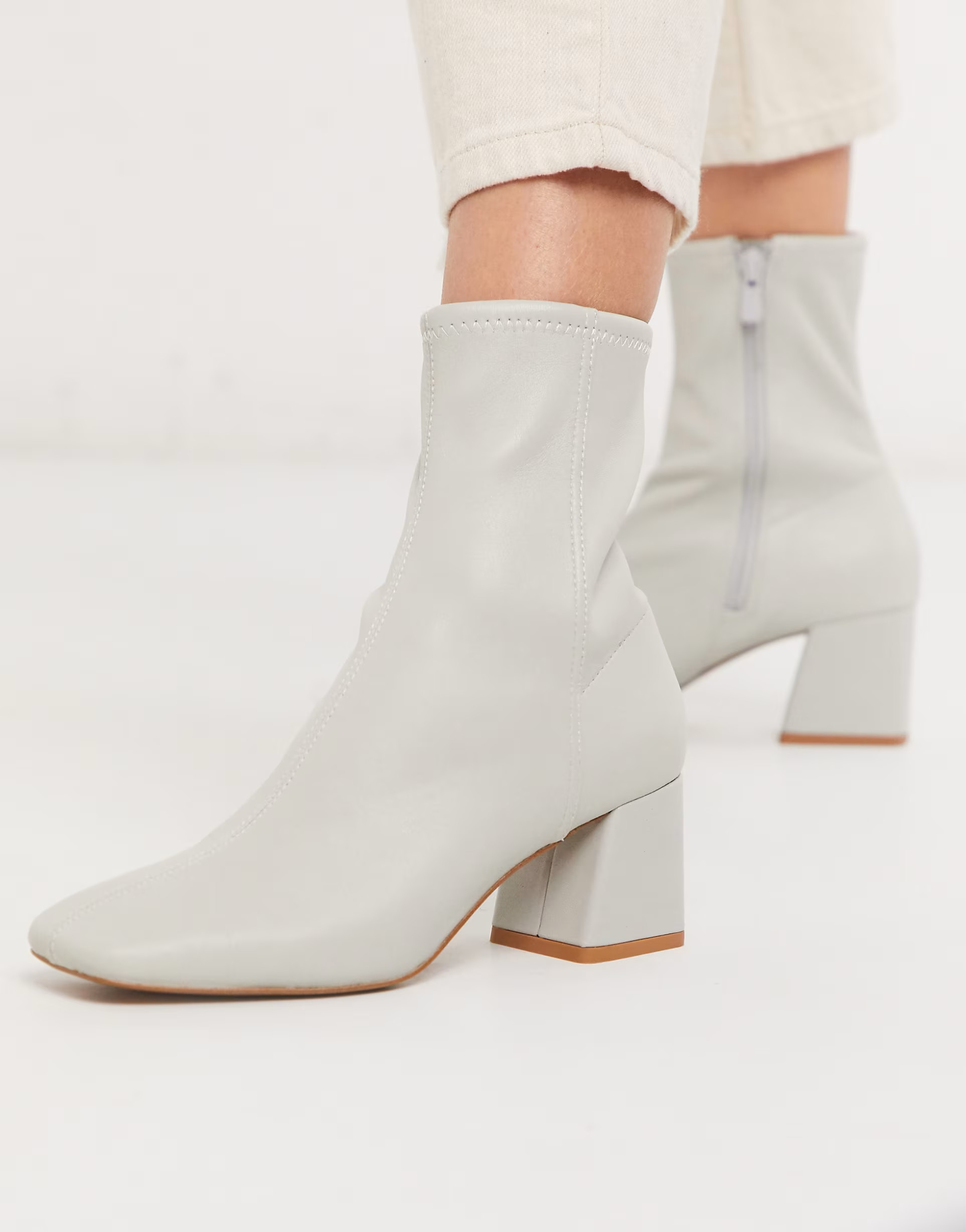 & Other Stories leather almond toe mid-heel ankle boots in light grey | ASOS (Global)
