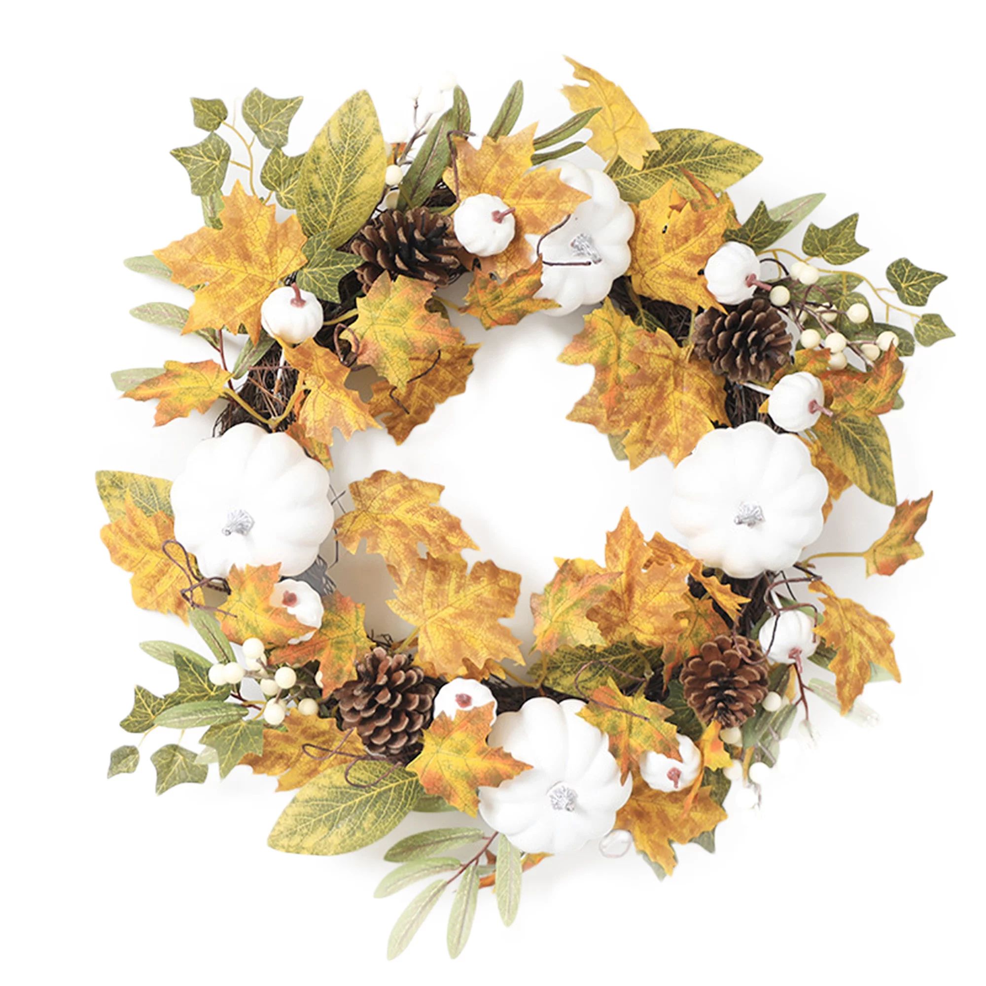 Fall Harvest Wreath, Artificial White Pumpkin Wreath with Maple Leaves - Walmart.com | Walmart (US)