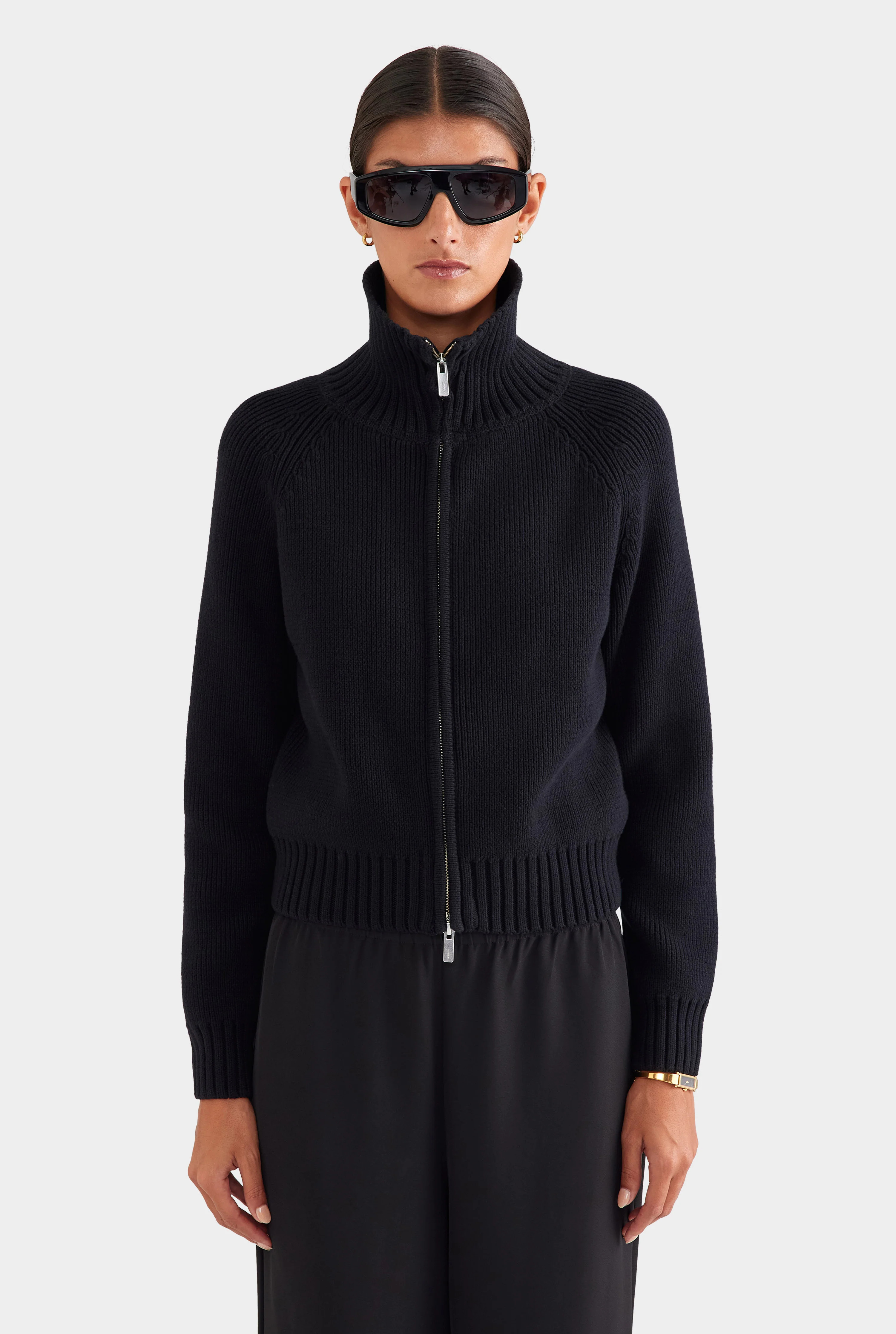 Womens Cotton Funnel Neck Zip Up Sweater Black | Venroy | Venroy AU
