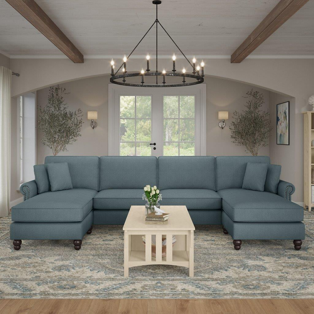 Bush Furniture Coventry 131W Sectional Couch with Double Chaise Lounge in Turkish Blue Herringbone | 1stopbedrooms