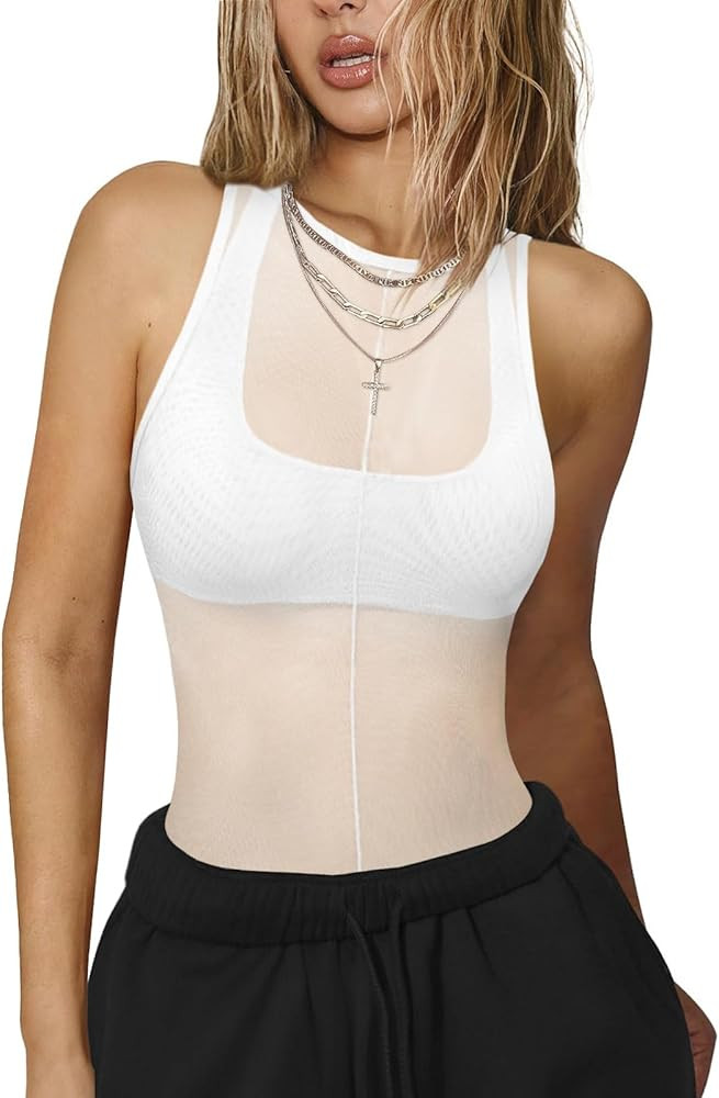 Sexy Mesh Sheer Tops for Women See Through High Neck Low Cut Scoop Back Slim Fitted Tank Mesh Shi... | Amazon (US)