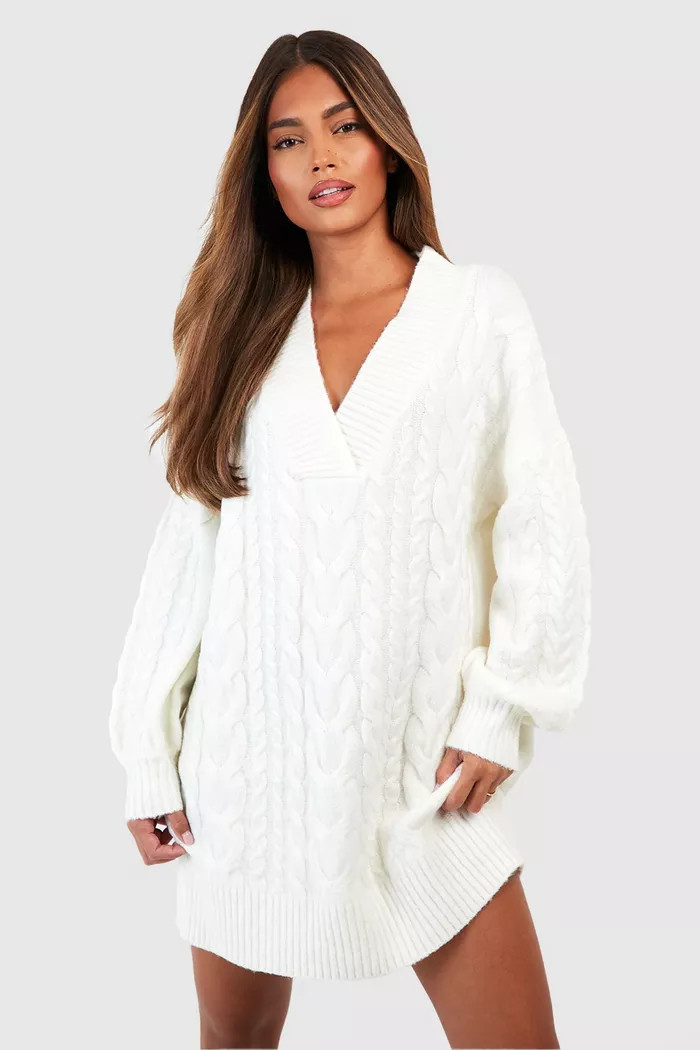 V Neck Cable Knit Dress | boohoo (US & Canada)