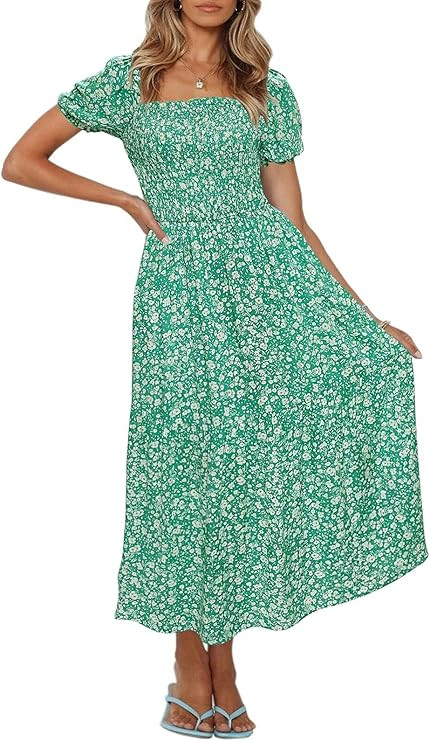 ZESICA Women's Summer Boho Floral Print Square Neck Ruffle Swing Beach Long Maxi Dress | Amazon (US)