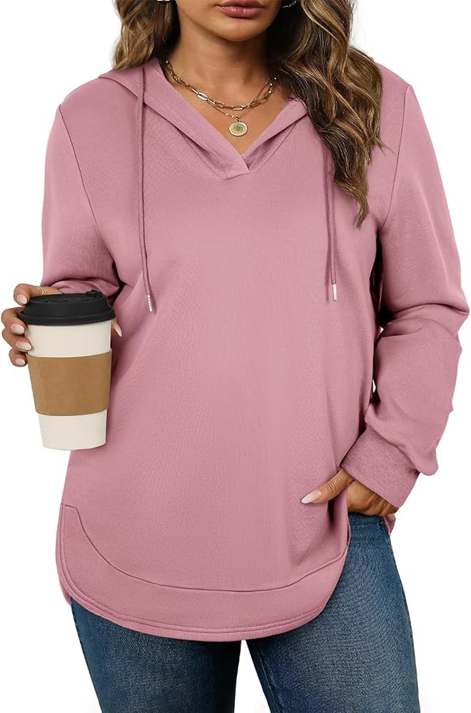 AlvaQ Womens Plus Size Sweatshirts Casual Long Sleeve V Neck Drawstring Hoodies Tops | Amazon (US)