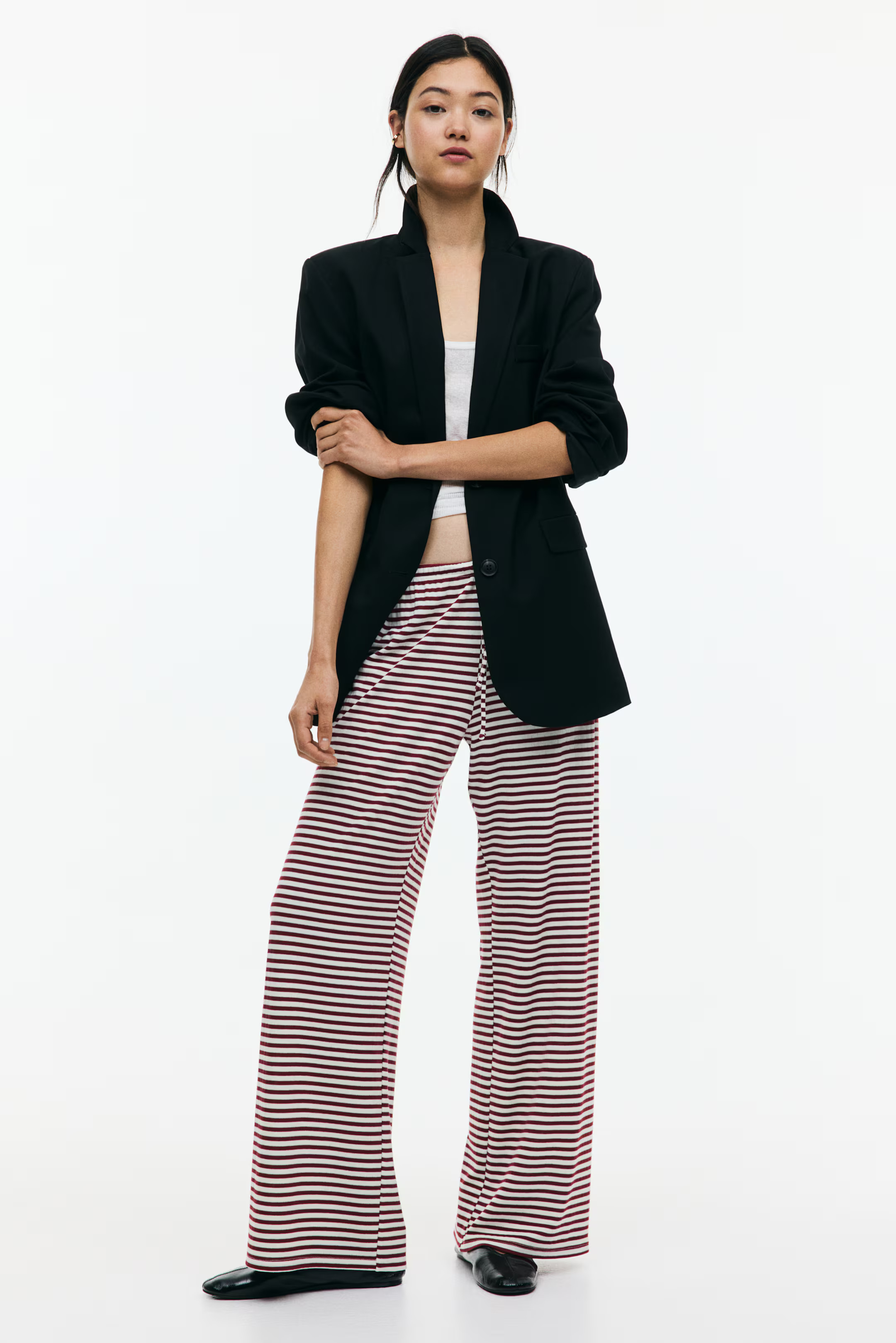 Wide drawstring trousers - Burgundy/Striped - Ladies | H&M GB | H&M (UK, MY, IN, SG, PH, TW, HK)
