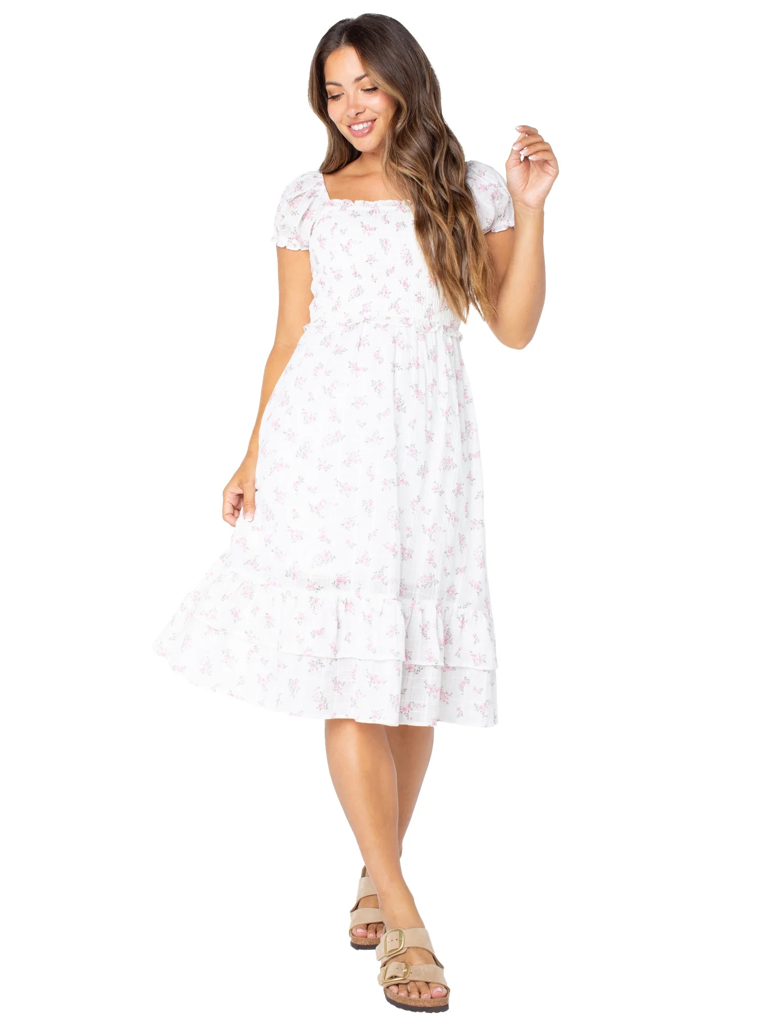 Celebrity Pink Puff Sleeve Midi Dress with Ruffle Details, Women's and Women's Plus | Walmart (US)