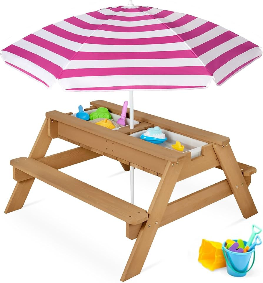 Best Choice Products Kids Picnic Table with Umbrella, 3-in-1 Sand & Water Table, Outdoor Converti... | Amazon (US)