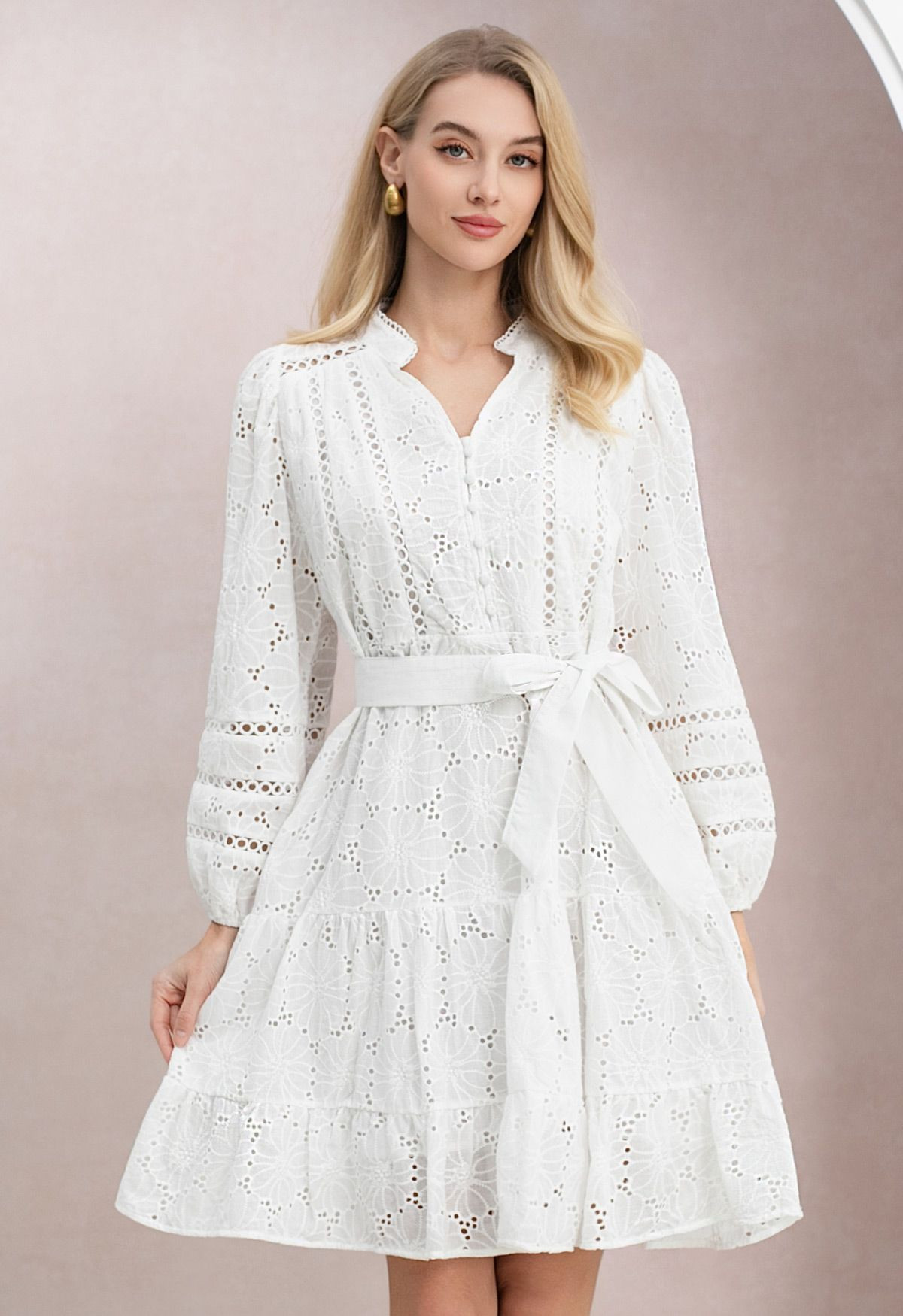 Blossom Eyelet Embroidery Puff Sleeve Cotton Dress in White for Garden Picnics & Cottage Style Lo... | Chicwish