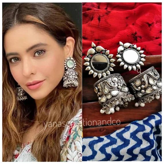 Afghani earrings, German Silver earrings,mirror jhumkas, handmade,boho gypsy look, earrings,india... | Etsy (US)