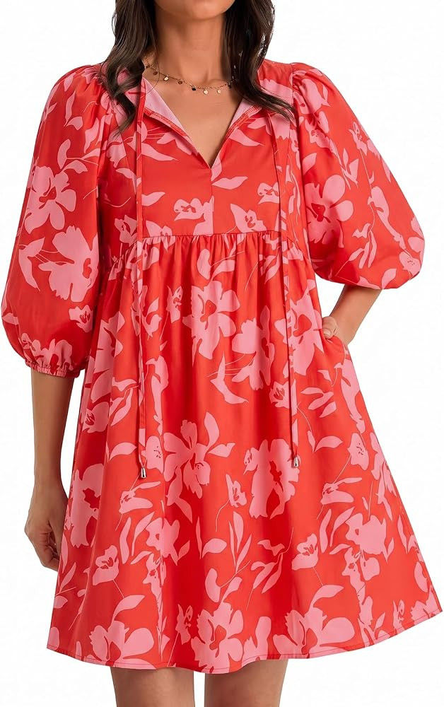 Yousify Womens Summer Dresses Floral Mini Babydoll Dress V Neck Puff Sleeve Loose Fit Boho Beach ... | Amazon (US)
