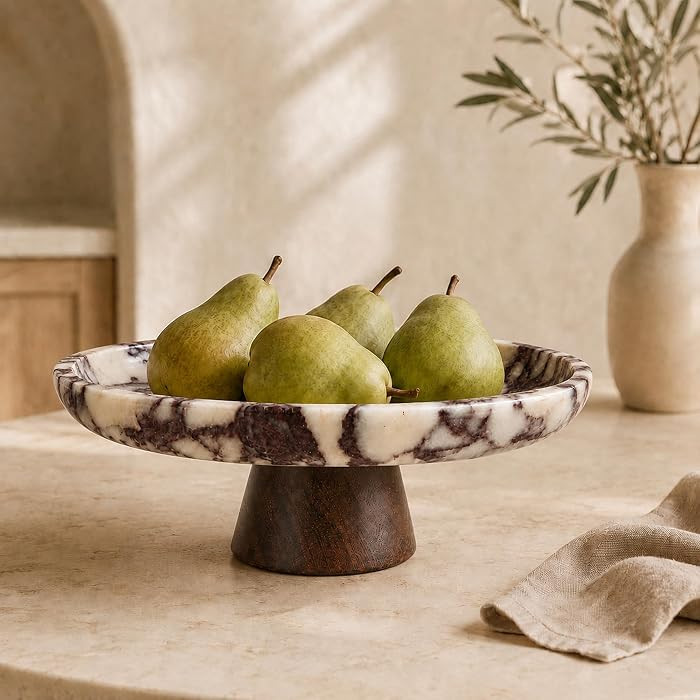 Marble Decorative Bowl for Home Decor, Natural Calacatta Viola Fruit Bowl with Solid Wood Pedesta... | Amazon (US)