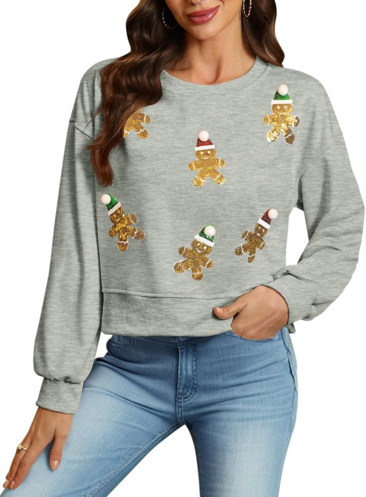 For G and PL Women's Christmas Sequin Sweatshirt Xmas Ugly Long Sleeve Party Crop Top | Amazon (US)