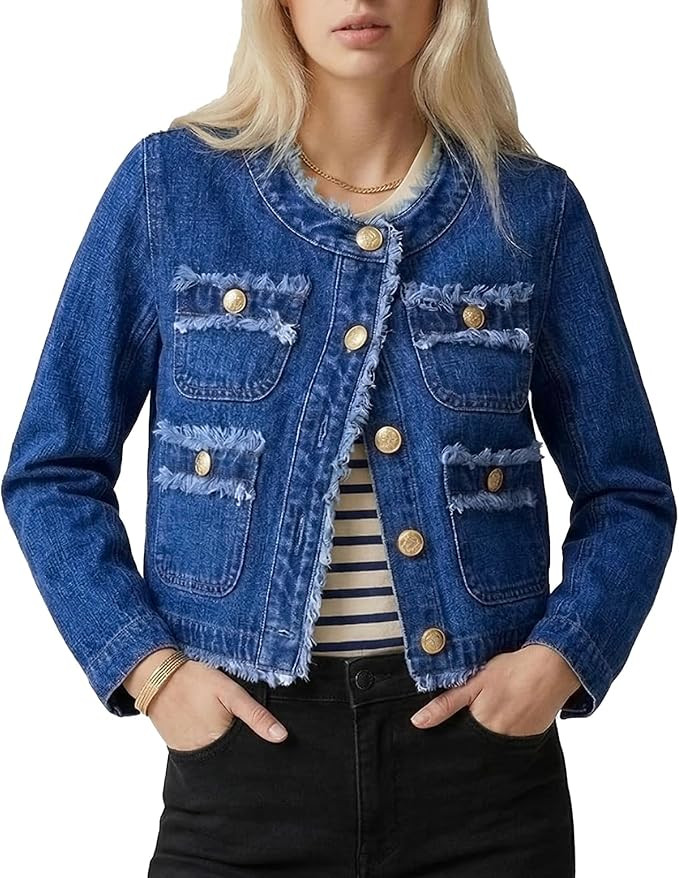 Women's Trendy Frayed Denim Jacket Button Collarless Jean Jackets | Amazon (US)